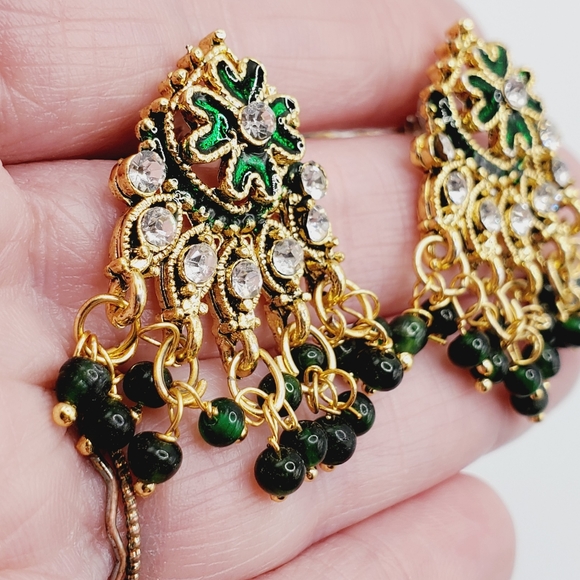 3 PC set Indian bohemian wedding kundan gold emerald jadau earrings necklace set - Picture 10 of 16